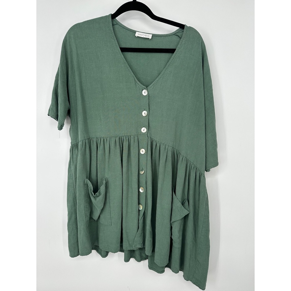 Vestique Babydoll Dress S Green Short Sleeve Button Front Pockets Casual Boho